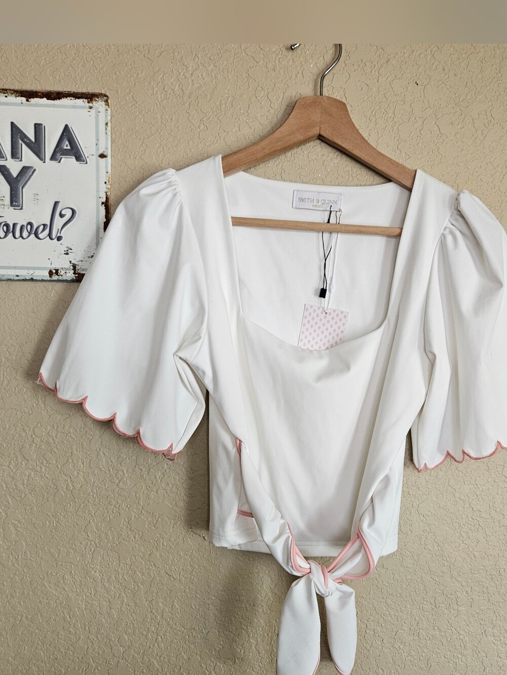 Crop Tie Blouse Scall Scalloped Trim Preppy Twee Whimsical NEW